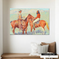 Frederic Remington-inspired canvas print featuring a cowboy and Native American on horseback.