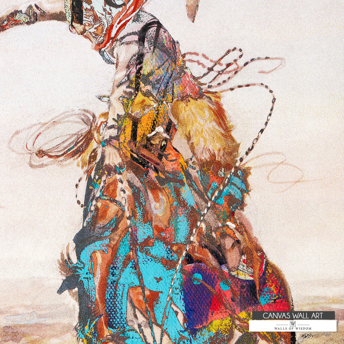 Large abstract Western cowboy and bronco canvas print, blending bold movement with refined textures.