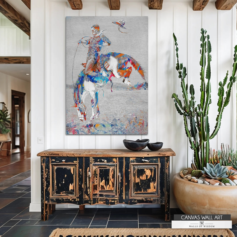 Vintage cowboy lithograph reimagined with spray paint textures on horse back