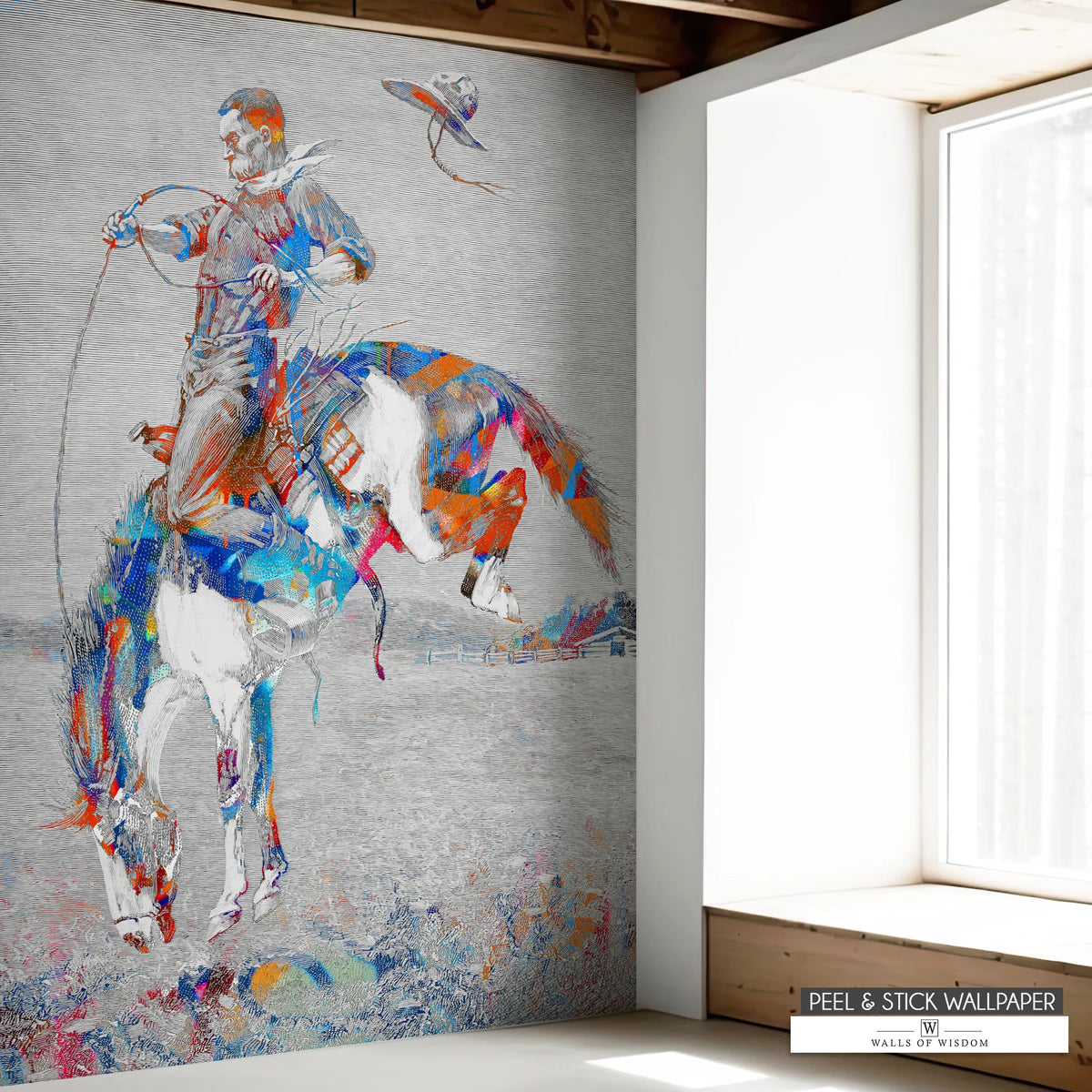 Modern Wild West peel and stick mural with cowboy on bucking bronco