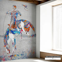 Modern Wild West peel and stick mural with cowboy on bucking bronco