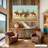 A Bunch of Bucking Broncho Busters canvas showing cowboys on horseback at a rodeo event. Colorful vintage cowboy decor.