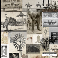 Modern cowboy-style canvas featuring a collage of old West imagery in distressed cream and black-and-white.