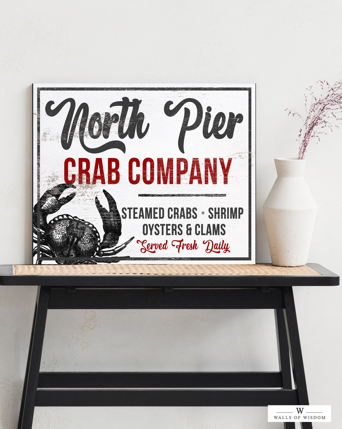 North Pier Crab Company Canvas Sign  - Vintage Beach Sign for Beach and Lake House