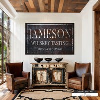 Vintage Western canvas sign featuring customizable last name and whiskey-themed text