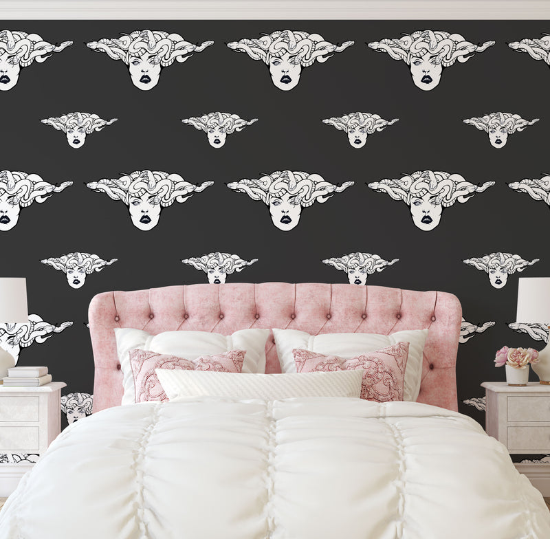 Dark Grey and White Medusa Head Wallpaper - Peel and Stick for Easy Application