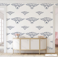 Elegant and mystical Medusa wallpaper in dark blue, bringing a unique, feminine charm to boho decor."