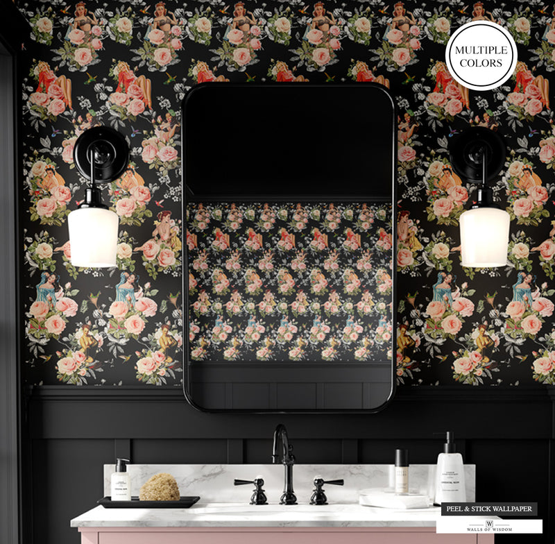 Elegant Pinup Girl with Moody Pink Roses and Hummingbird Wallpaper in a powder room setting.