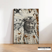 Modern mixed-media Duck Chief wall art with rich earthy tones, adding cultural depth to any space.