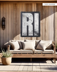 "Chic State Themed Porch Decor with RI Vinyl Banner: This Rhode Island state wall art elevates outdoor spaces and home bars alike, serving as a memorable going away gift with its minimalist design."