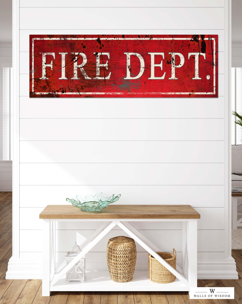 Red Fire Dept. Vintage Fireman Canvas Wall Art  - Firefighter Station Sign Home Wall Decor