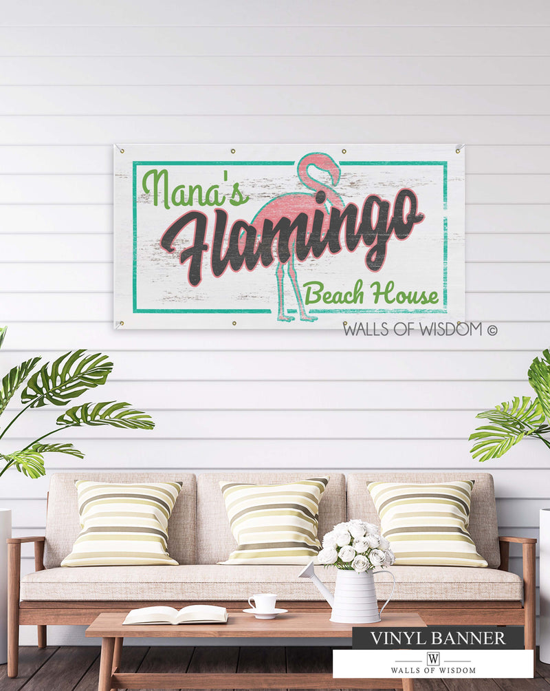 Retro Pink Flamingo Outdoor Patio Vinyl Sign - Tropical Garden Art Personalized Name Decor