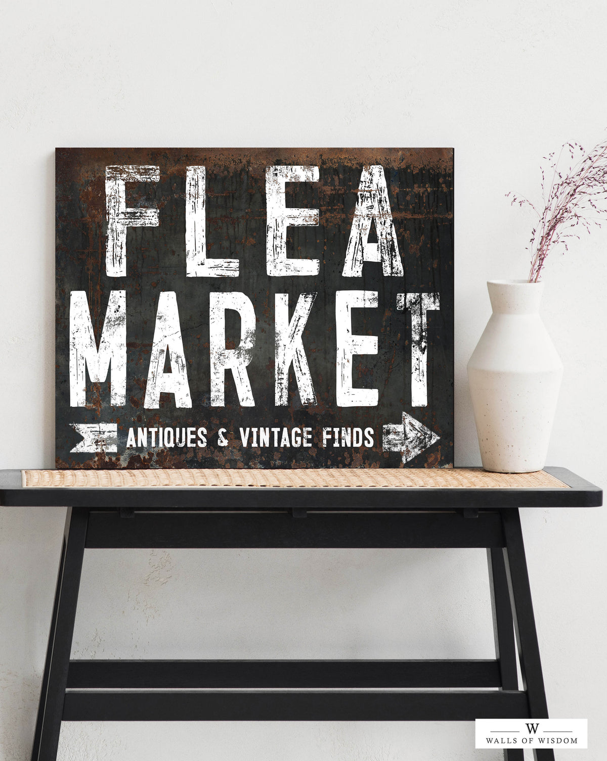 Flea Market - Antique & Vintage Finds Black & White Canvas Sign - Living Room Rustic Trades Day Wall Decor