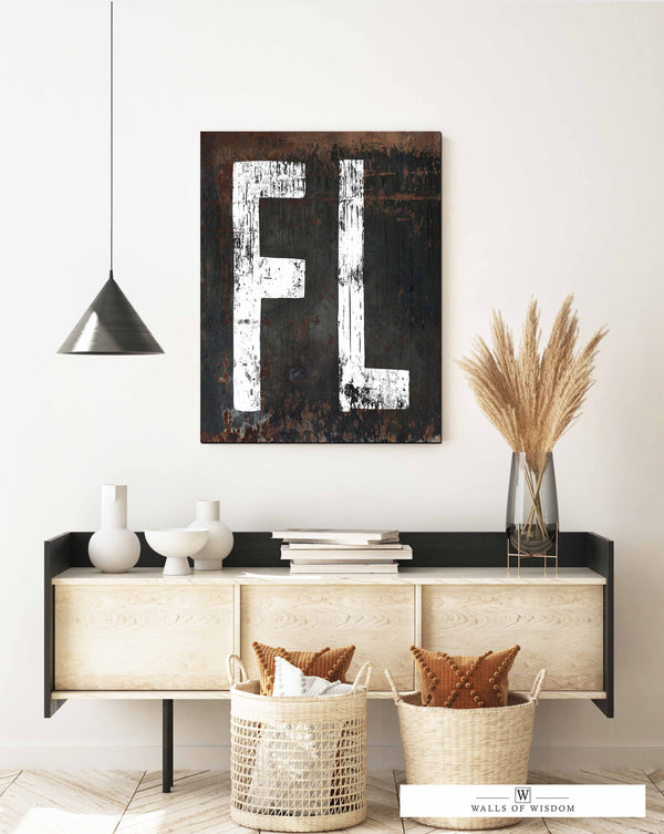 Florida Home State Vintage Canvas Wall Art - Black Distressed "FL" State Sign - Florida State Lover Wall Decor
