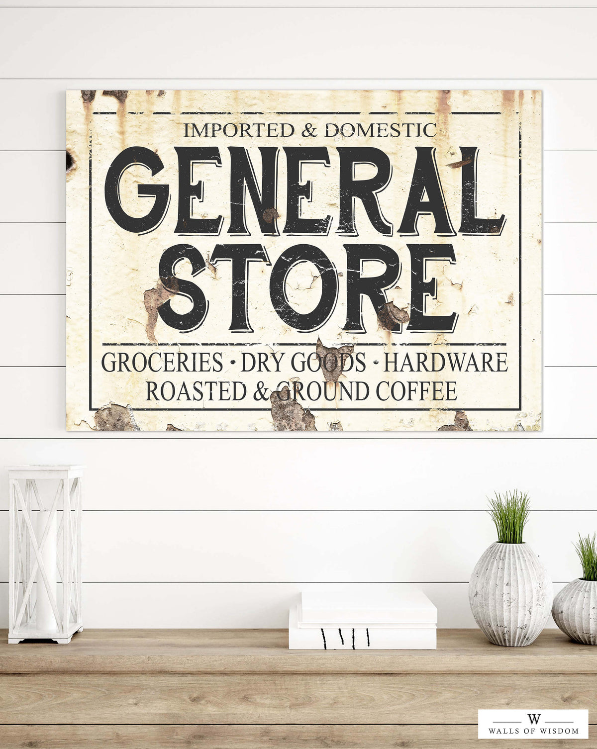 Vintage General Store Canvas Sign Decor - Warm Creamy Rustic Kitchen Wall Art