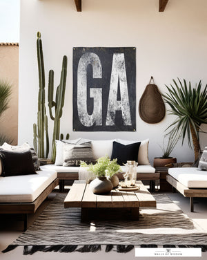 Chic 'GA' vinyl banner, combining functionality with aesthetic appeal, a declaration of state pride that invites Georgia's essence home.