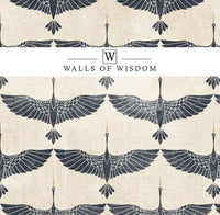 Sophisticated Boho Japanese Wallpaper Featuring Grey Cranes with Mustard Yellow Details