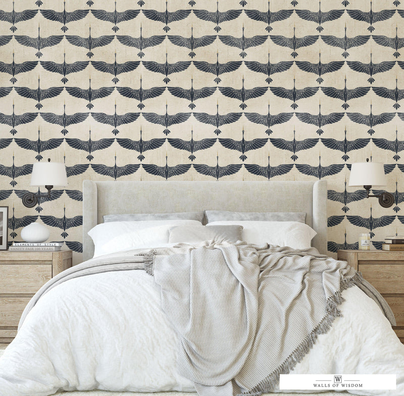 Japanese Grey Crane Wallpaper with Mustard Yellow Highlights - Boho Peel & Stick Design