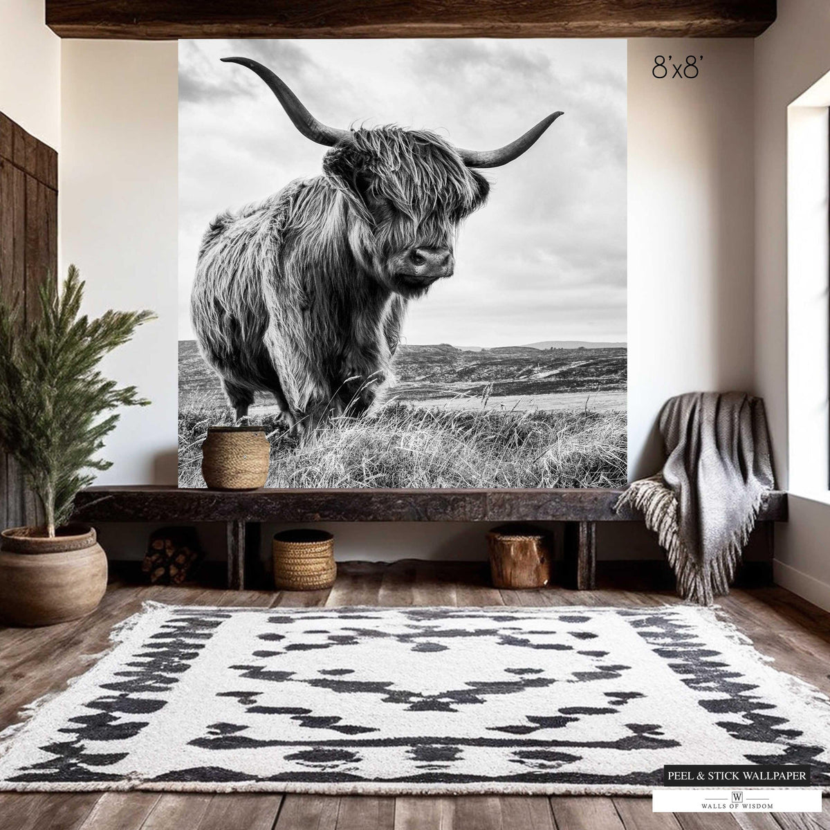 Peel and stick Highland cow mural in black and white for rustic homes