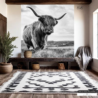 Peel and stick Highland cow mural in black and white for rustic homes