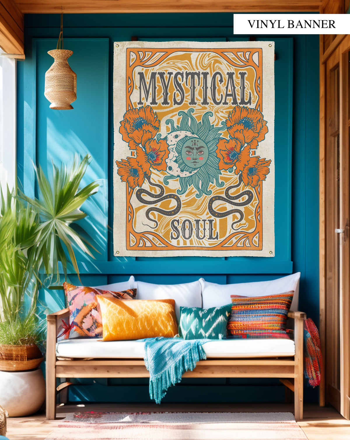 Mystical Soul Boho Backyard Vinyl Sign -  Hippie Decor for Porch & Patio Sun & Moon Garden Art