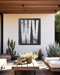 Chic 'WV' backyard decor banner, offering a mix of boho flair and Western style for sophisticated speakeasy environments.