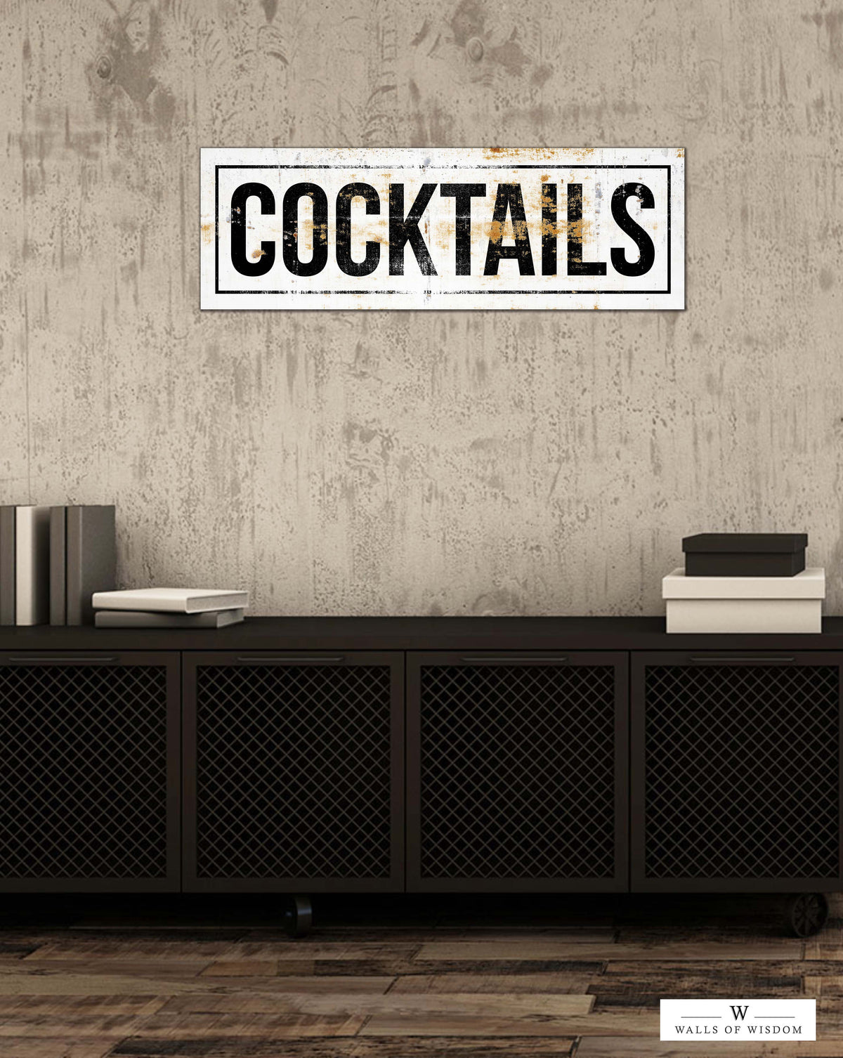 White Art Deco " Cocktails"  Bar Sign Canvas Wall Art  - Industrial Loft Bar & Lounge Decor