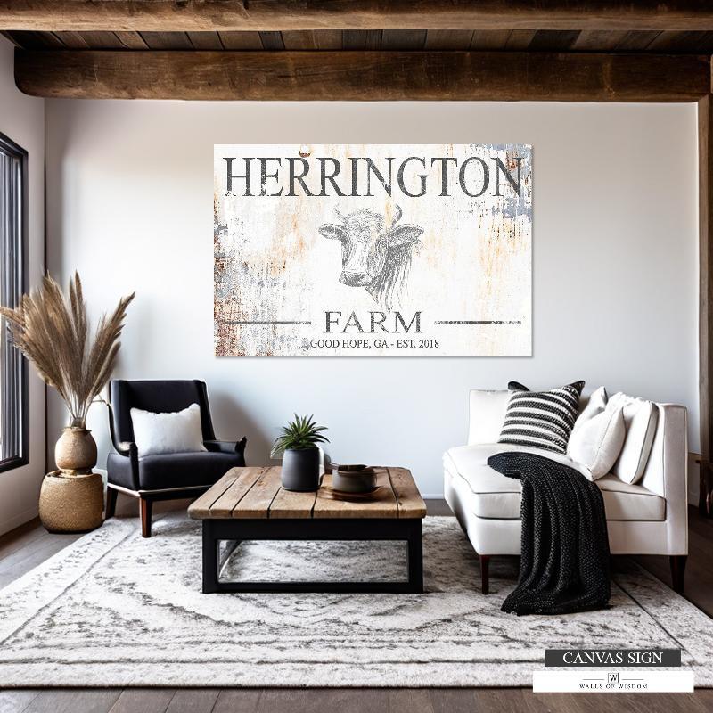 White and Rust Farm Sign with Name and Cow
