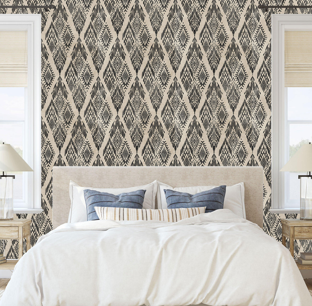 Versatile Ikat Floral Wallpaper Matching Farmhouse and Eclectic Decor