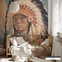 Vintage Native American Headdress Mural in Muted Earth Tones nursery decor. 