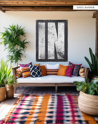  "Chic 'IN' vinyl banner with white on black design, perfect for Indiana enthusiasts looking to add a western touch to their outdoor kitchen and living decor."