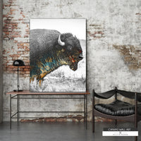 Vintage buffalo canvas print featuring a majestic buffalo standing in an open field.