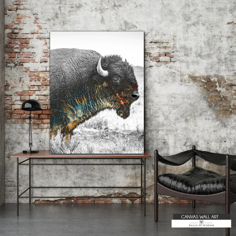 Vintage buffalo canvas print featuring a majestic buffalo standing in an open field.