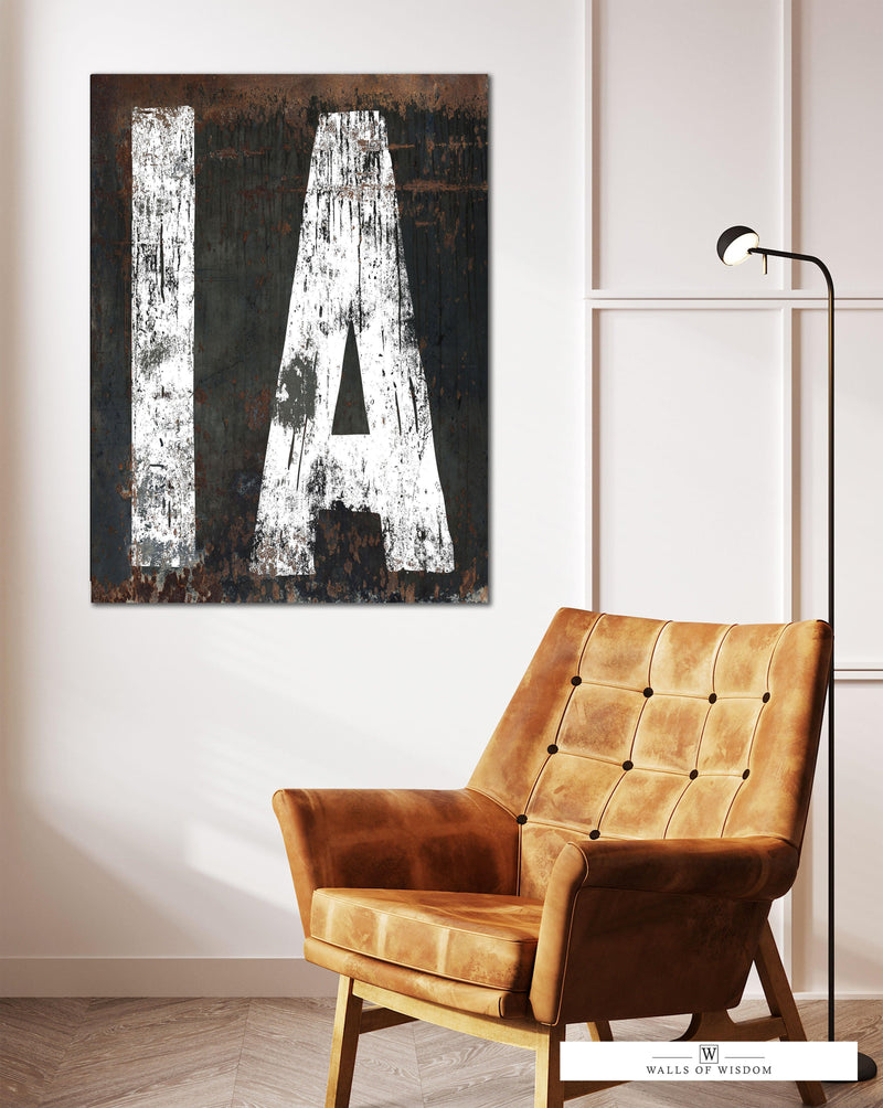 Iowa State Sign Western Typography Wall Art - IA Home State Rustic Canvas Art Print