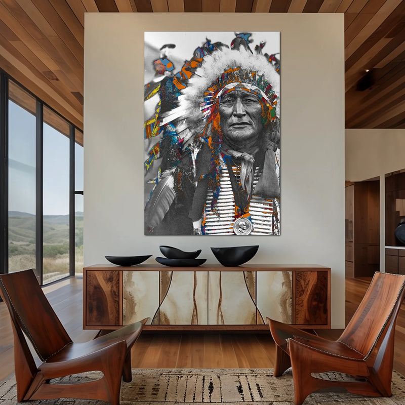 Iron Shell Western canvas featuring a modern cowboy aesthetic with a black and white historic portrait enhanced by contemporary tones.