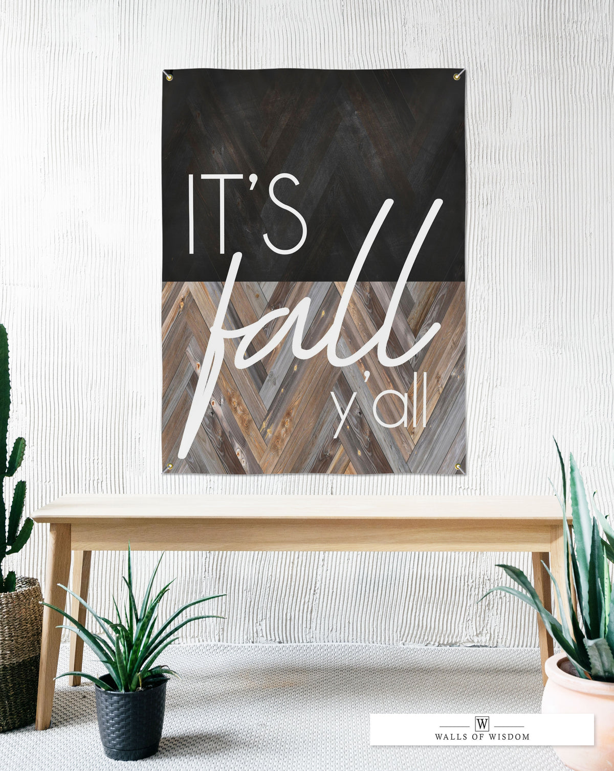 It's Fall Ya'll Sign Vinyl Banner - Rustic Boho Patio Art - Modern Farmhouse Fall Weatherproof Outdoor Decor