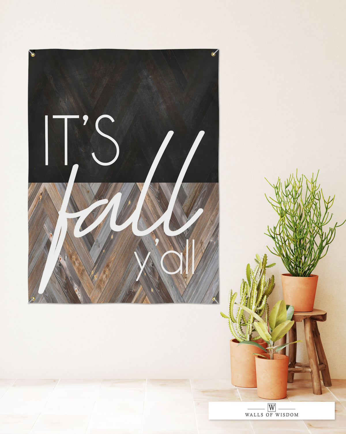 It's Fall Ya'll Sign Vinyl Banner - Rustic Boho Patio Art - Modern Farmhouse Fall Weatherproof Outdoor Decor