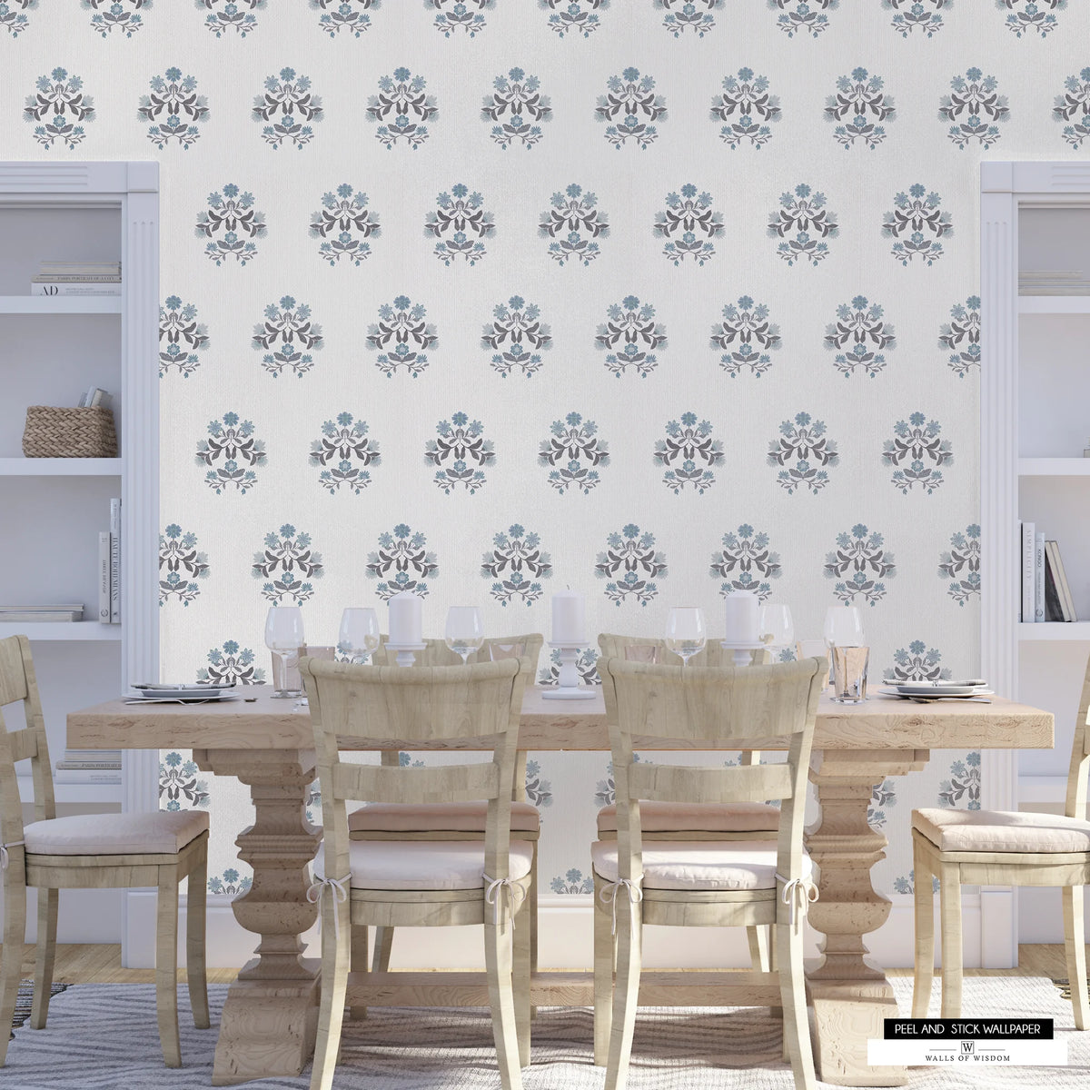 Country living wallpaper with soft blue florals on a cream backdrop.