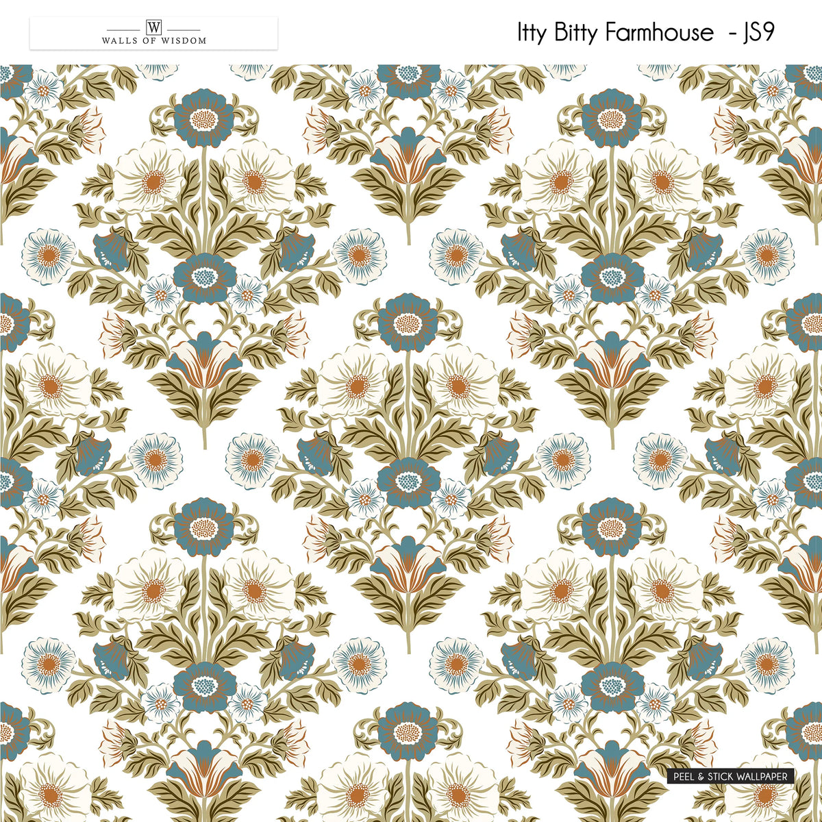 Renter-friendly floral block wallpaper with vibrant country tones and a bright white background.