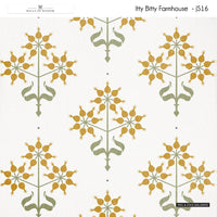 Cottage farmhouse peel and stick wallpaper featuring floral block patterns in mustard and sage tones.