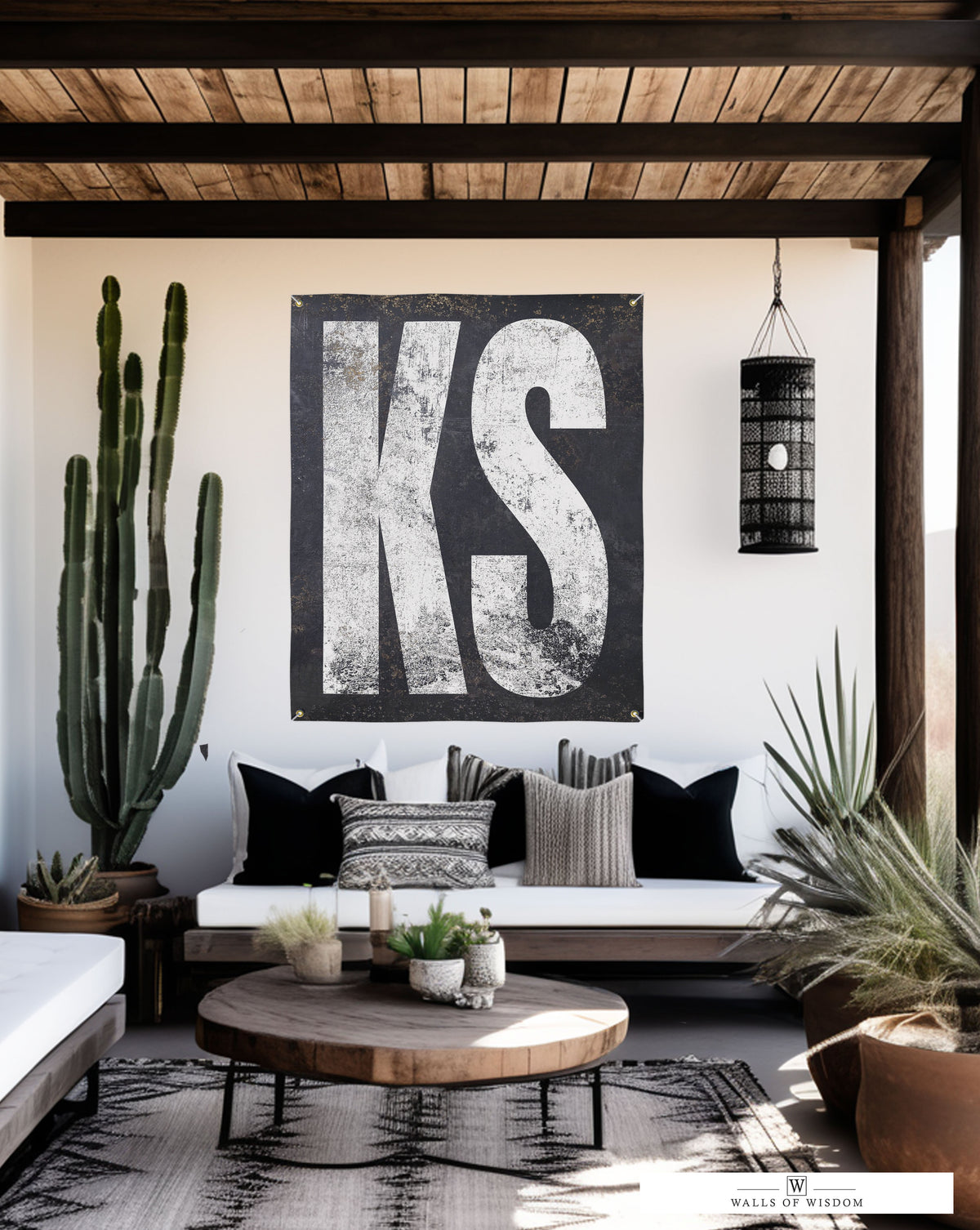 Kansas 'KS' outdoor banner, blending minimalist design with the Sunflower State's charm, a stylish addition to patio or home bar tapestry for Kansas City Fans.