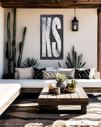 Iconic 'KS' vinyl banner, embodying Kansas's elegance and resilience, a statement piece of decor for enthusiasts of timeless boho charm.