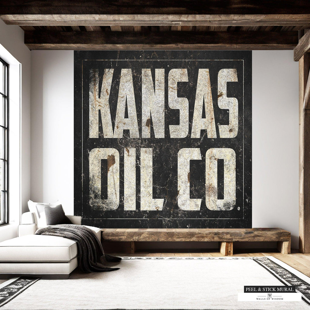 Rustic Kansas Oil Co peel and stick wallpaper for home bars