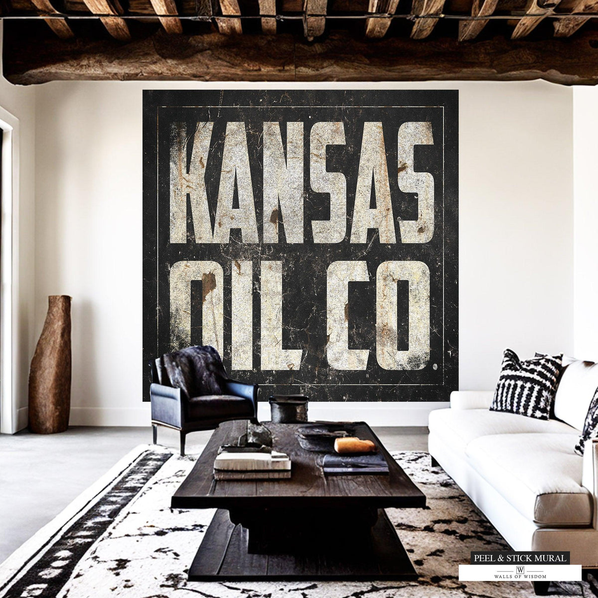 Kansas Oil Co wallpaper mural with rusty black and creamy text