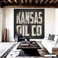 Kansas Oil Co wallpaper mural with rusty black and creamy text