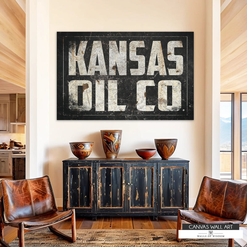 Vintage-inspired Kansas Oil Co. wall art blending Western cowboy charm with an industrial aesthetic.
