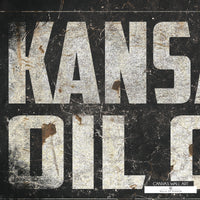 Rustic Kansas oil industry canvas print with aged lettering, perfect for man caves and ranch homes.