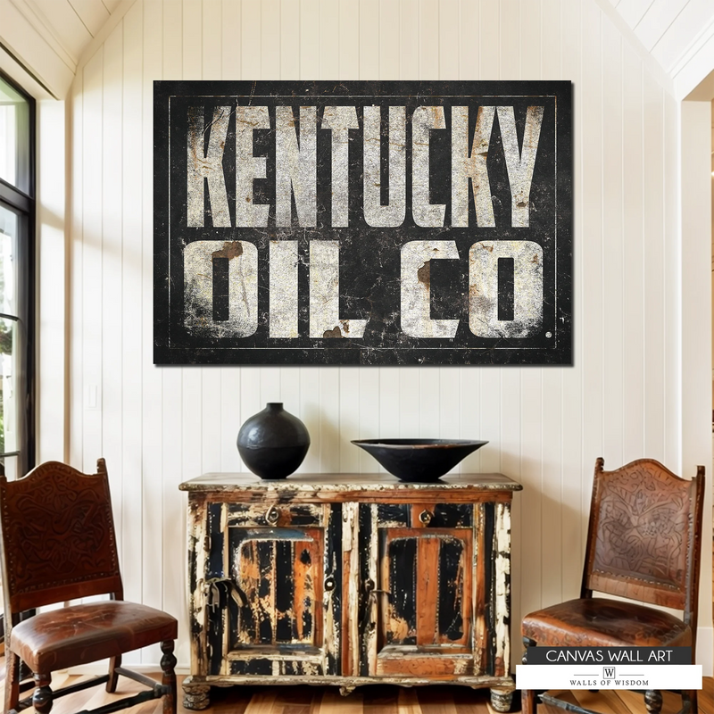 Western cowboy-style Kentucky Oil Co. wall art with faded lettering and vintage charm.