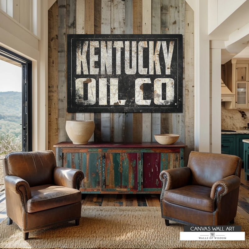 Kentucky Oil Co. vintage canvas featuring distressed Western-style typography and rustic design.