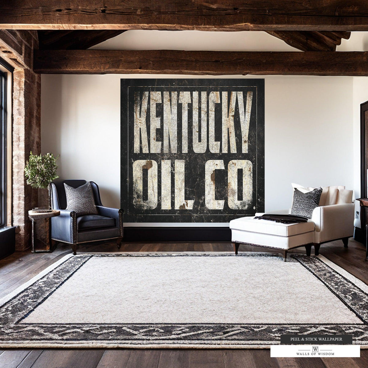 Vintage Kentucky Oil Co wall mural with distressed black metal background